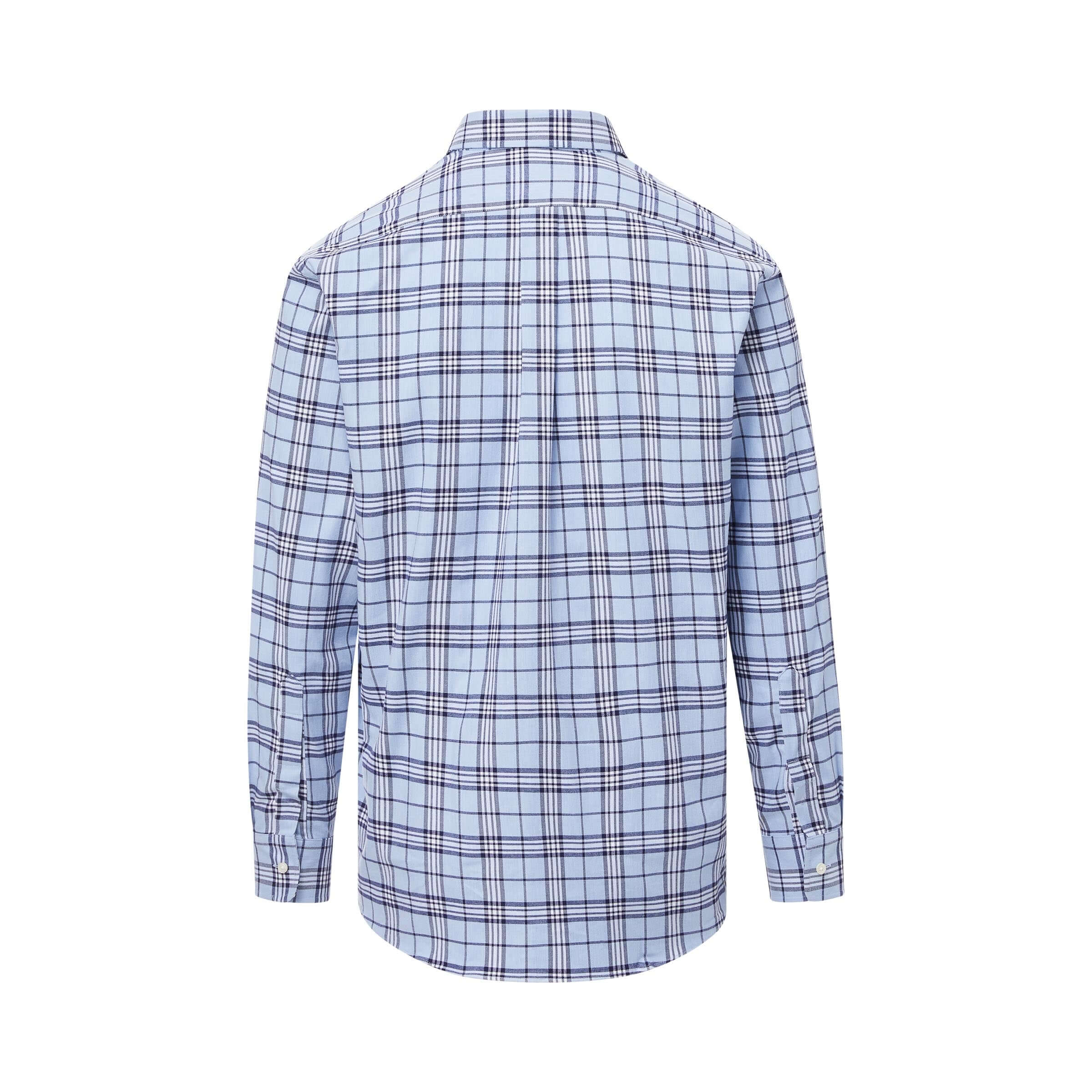 Back view of Long Sleeve Multi Sky Blue 'Heights' Classic Plaid Shirt featuring magnetic closures.