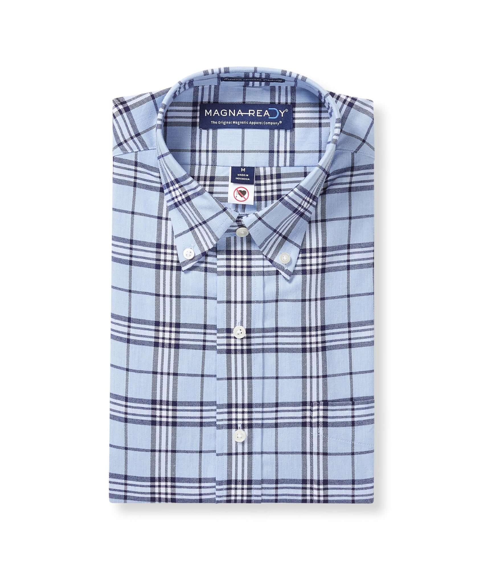 Long sleeve sky blue plaid shirt by MagnaReady, featuring a button-down collar, perfect for adaptive menswear.