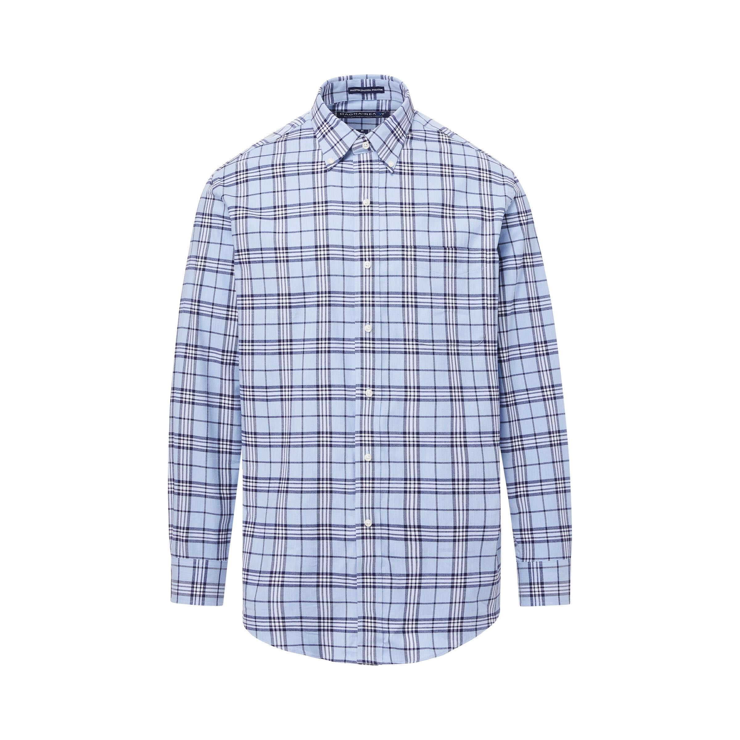 Long sleeve sky blue plaid shirt with button-down collar and magnetic closures for adaptive fit.