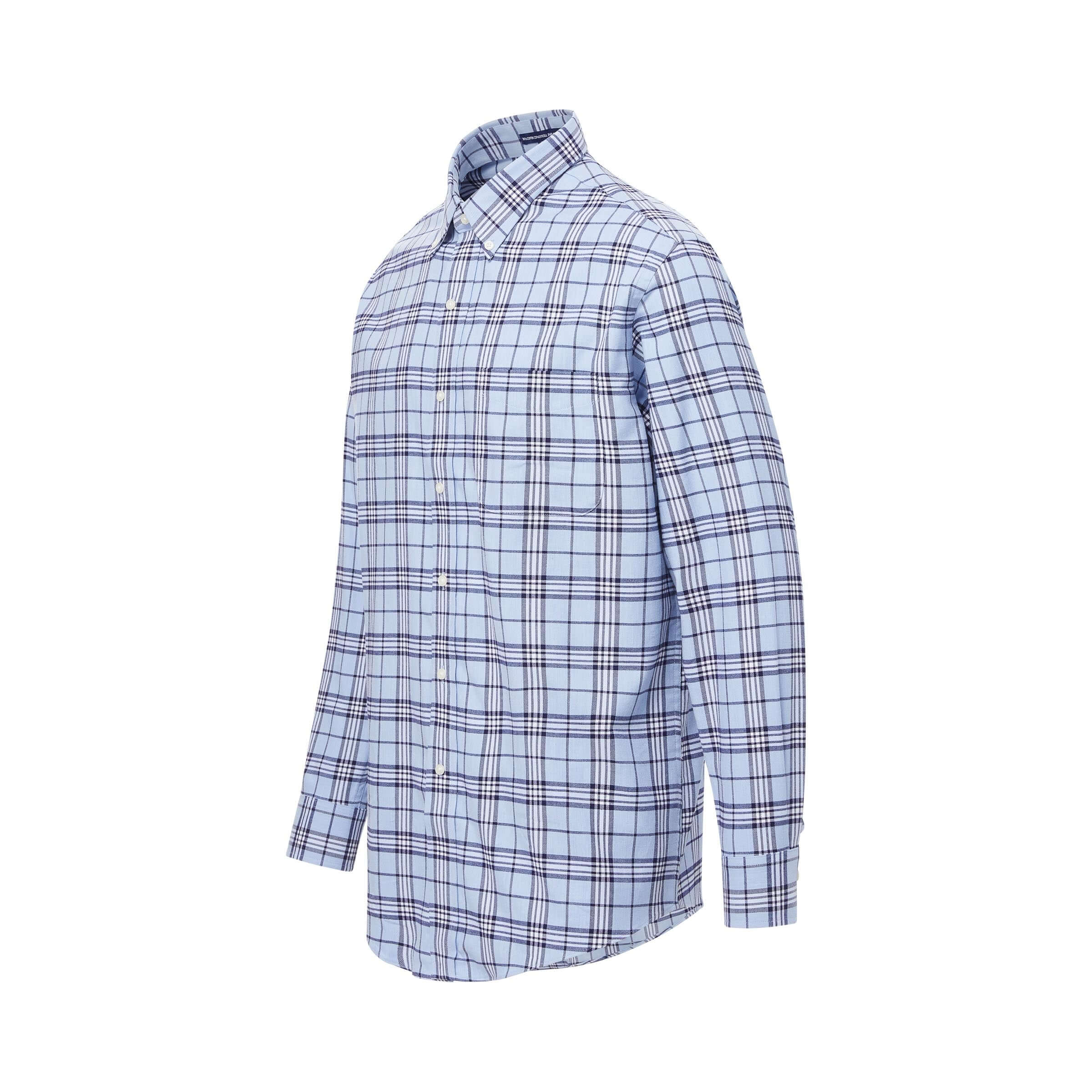 Long sleeve sky blue plaid shirt with magnetic closures for adaptive menswear.