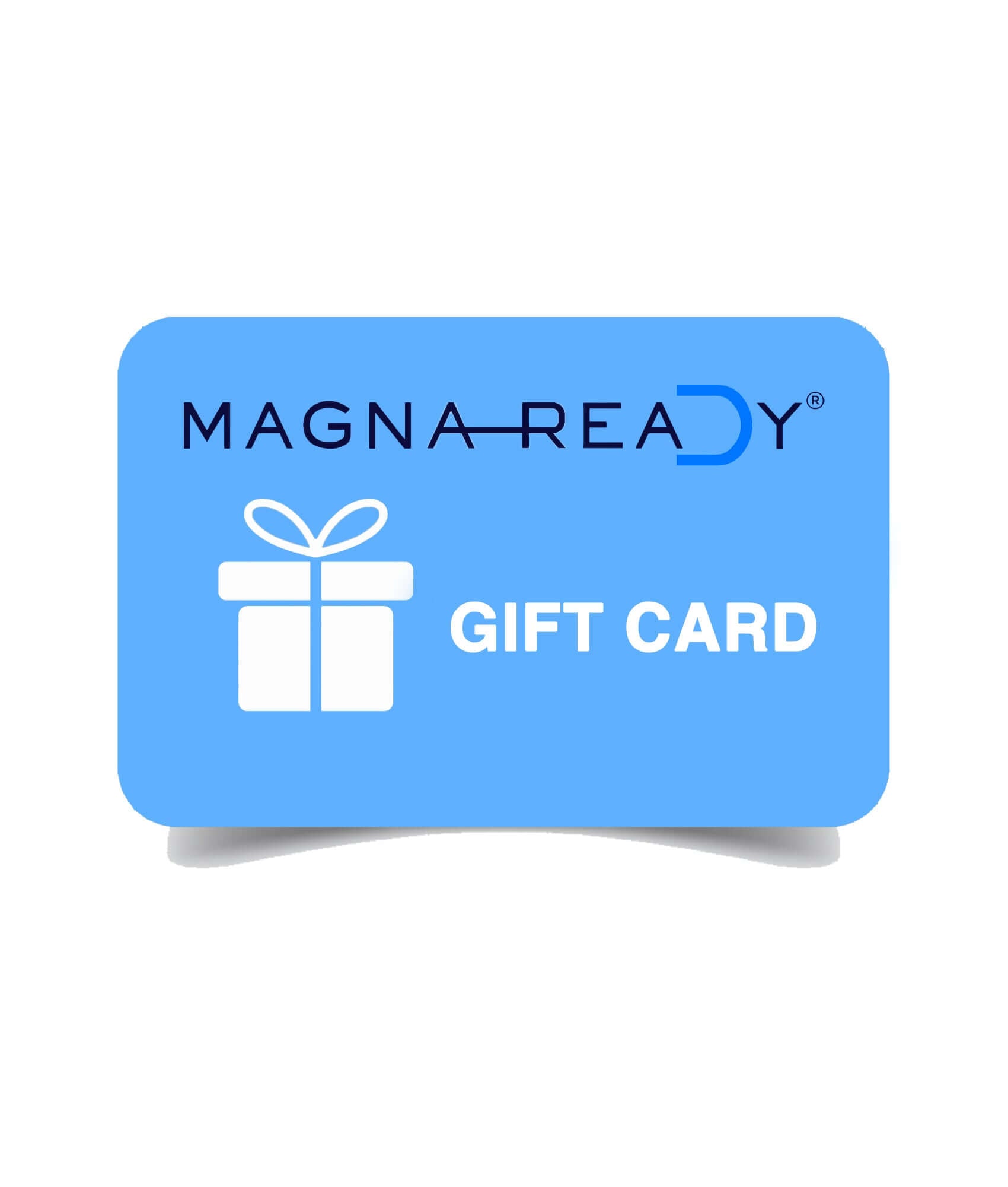 MagnaReady gift card featuring a blue background and a present icon, promoting stress-free dressing solutions.