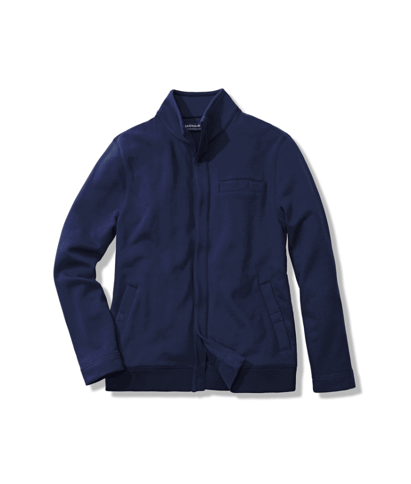 Navy knit fleece long sleeve Dillon jacket with magnetic closures, perfect for adaptive style and comfort.