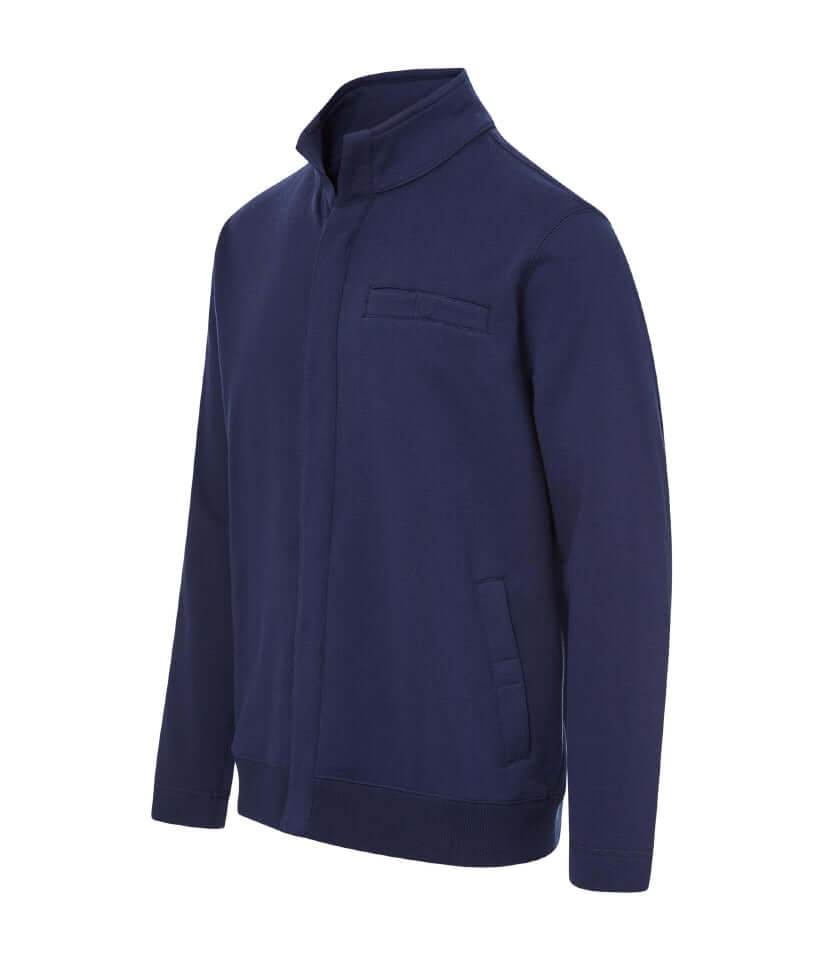 Navy knit fleece long sleeve Dillon jacket with magnetic closures for adaptive style and comfort.