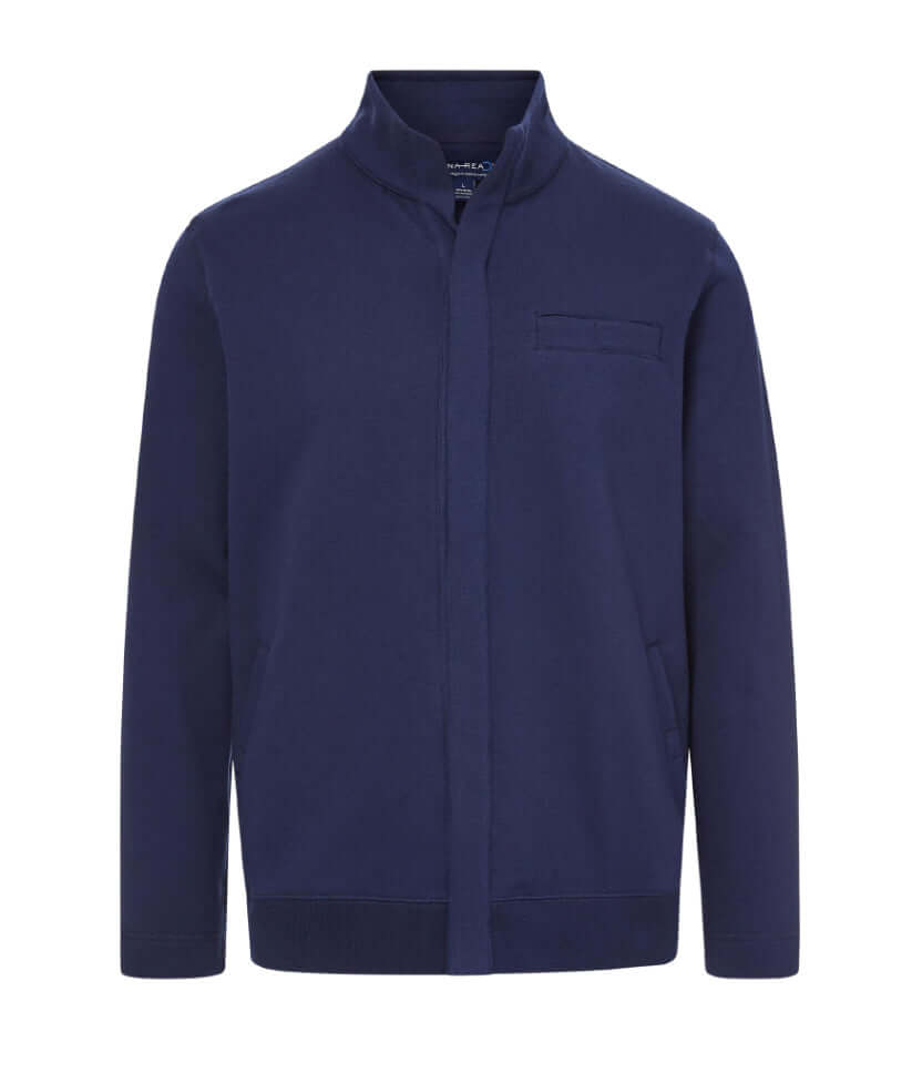 Navy knit fleece 'Dillon' long sleeve jacket featuring magnetic closures for adaptive style and comfort.