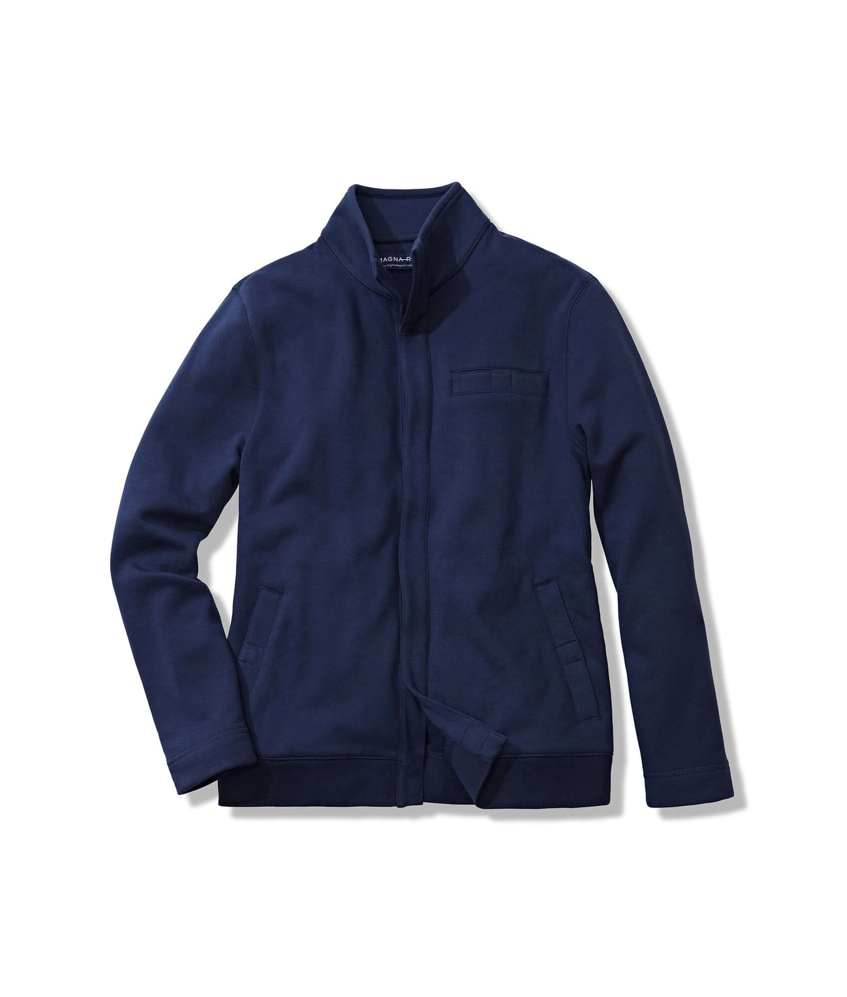 Navy knit fleece long sleeve Dillon jacket with magnetic closures for effortless comfort and adaptive style.