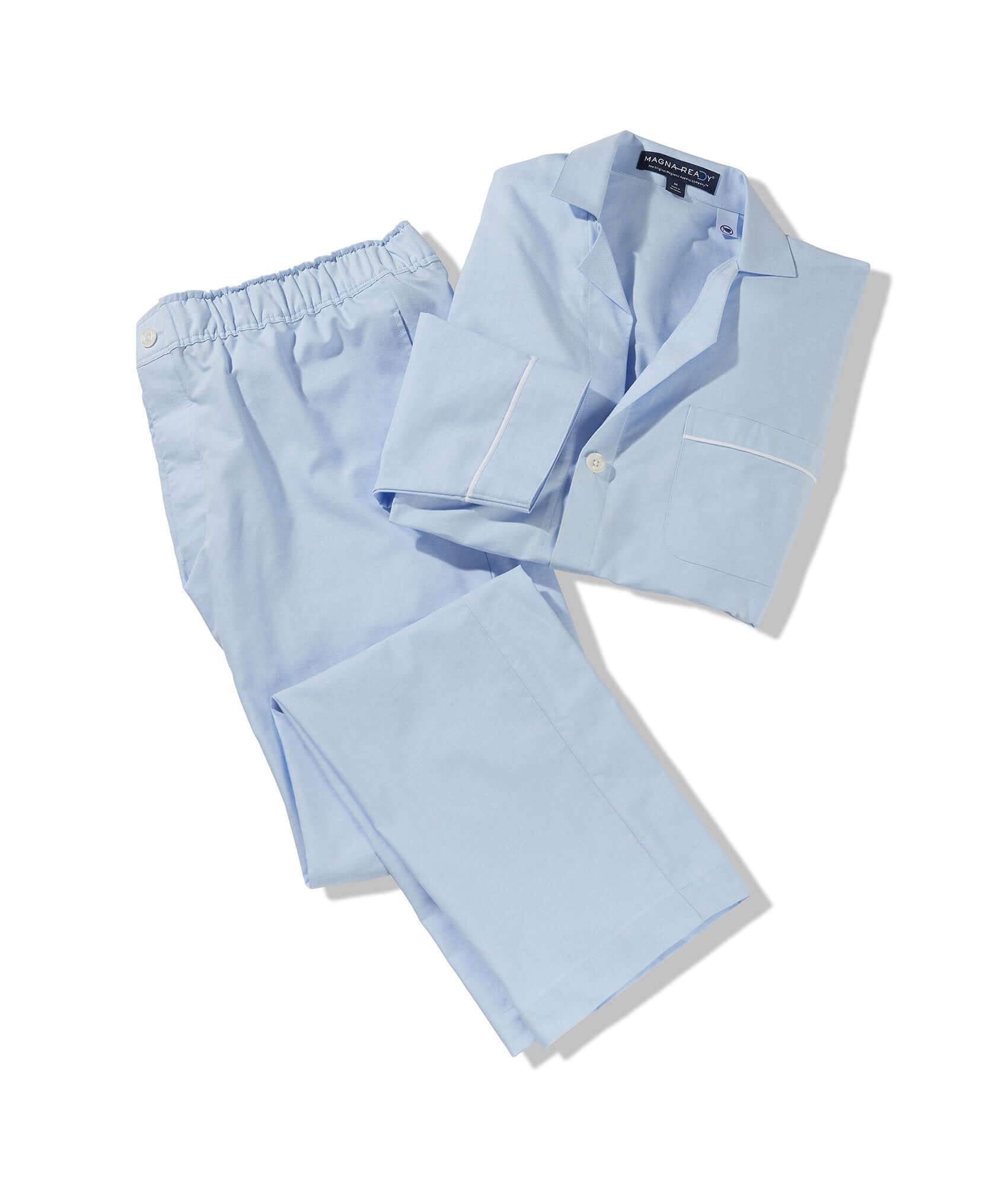 Oxford light blue pajama pants with magnetic closures, featuring stylish comfort for ease of movement.