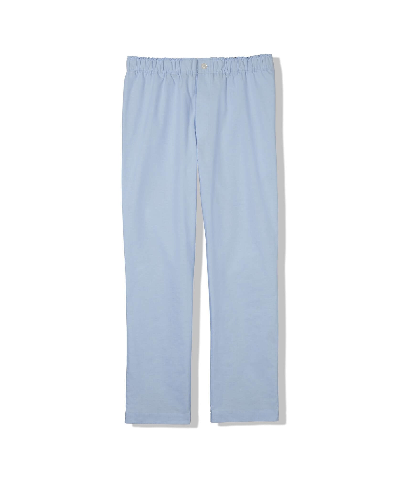 Light blue pajama pants with magnetic closures for comfort and ease, ideal for those with limited mobility.