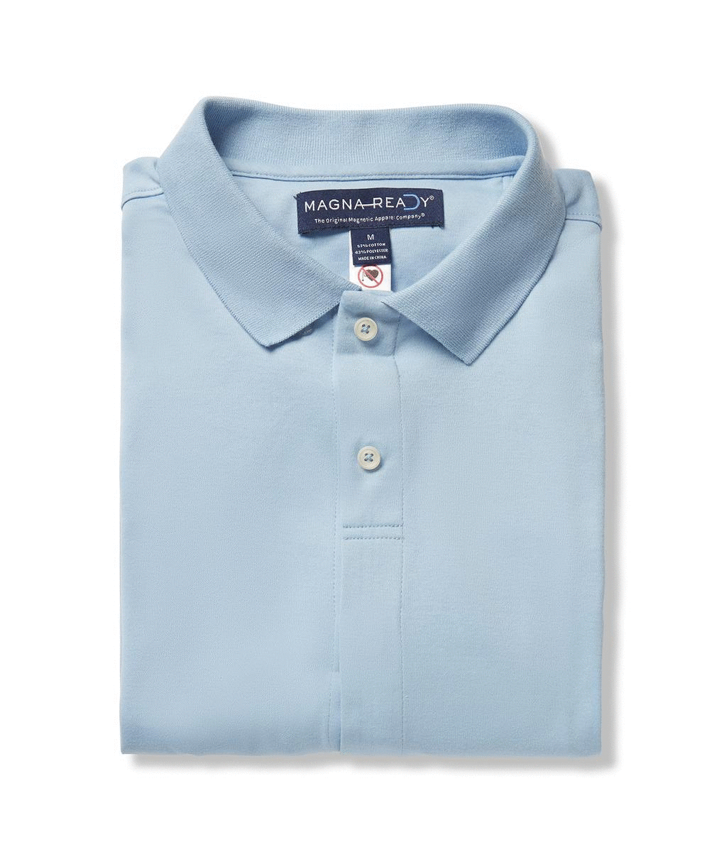 Light blue solid interlock knit polo with magnetic closures from Magna-Ready, folded neatly for display.