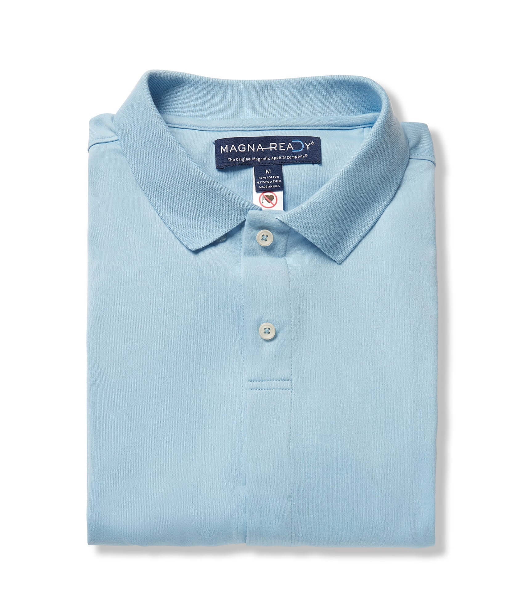 Light blue Solid Interlock Knit Polo featuring magnetic closures and a soft hand-feel, ideal for comfort and style.