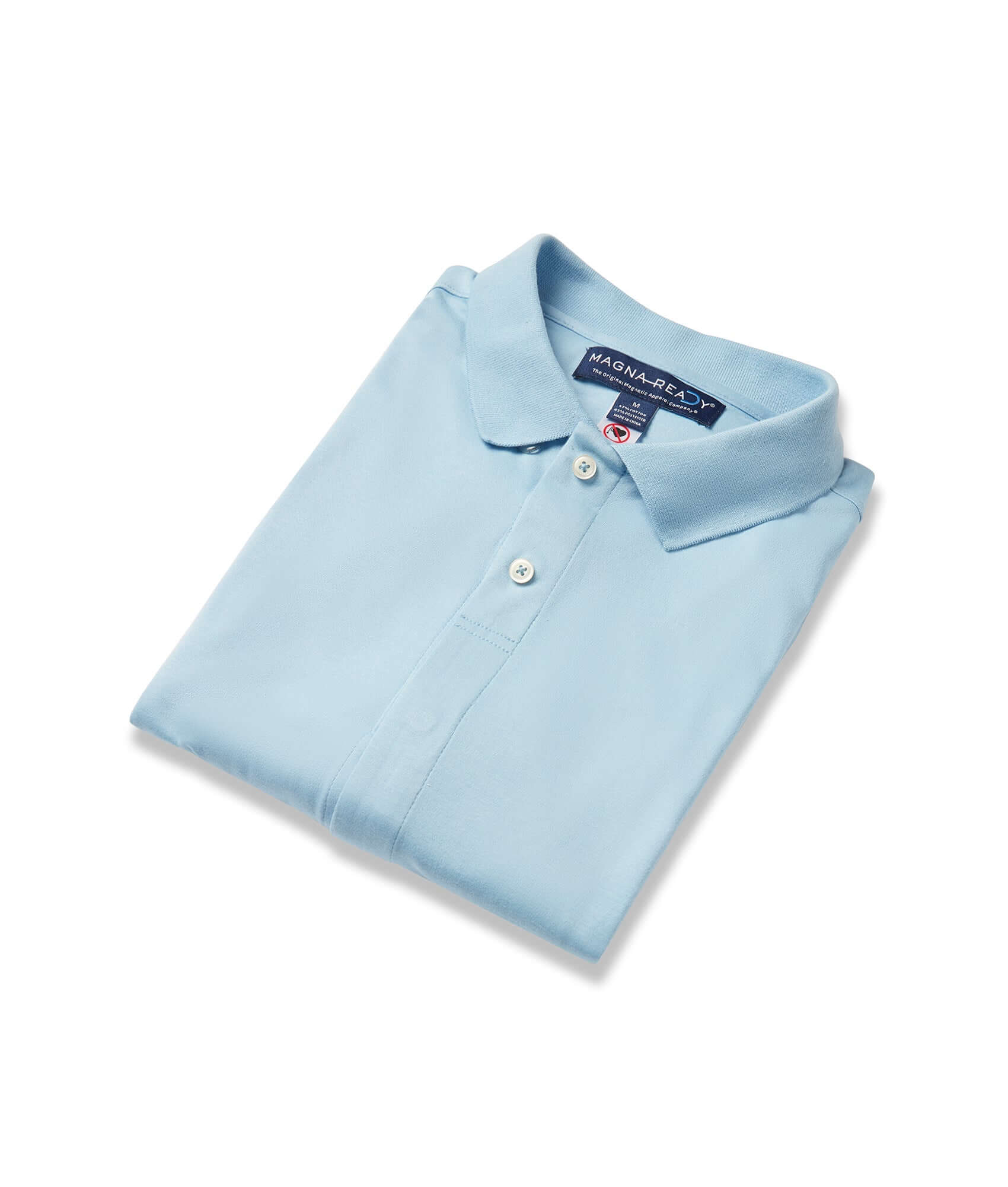 Solid interlock knit short sleeve polo in light blue with magnetic closures and soft fabric.