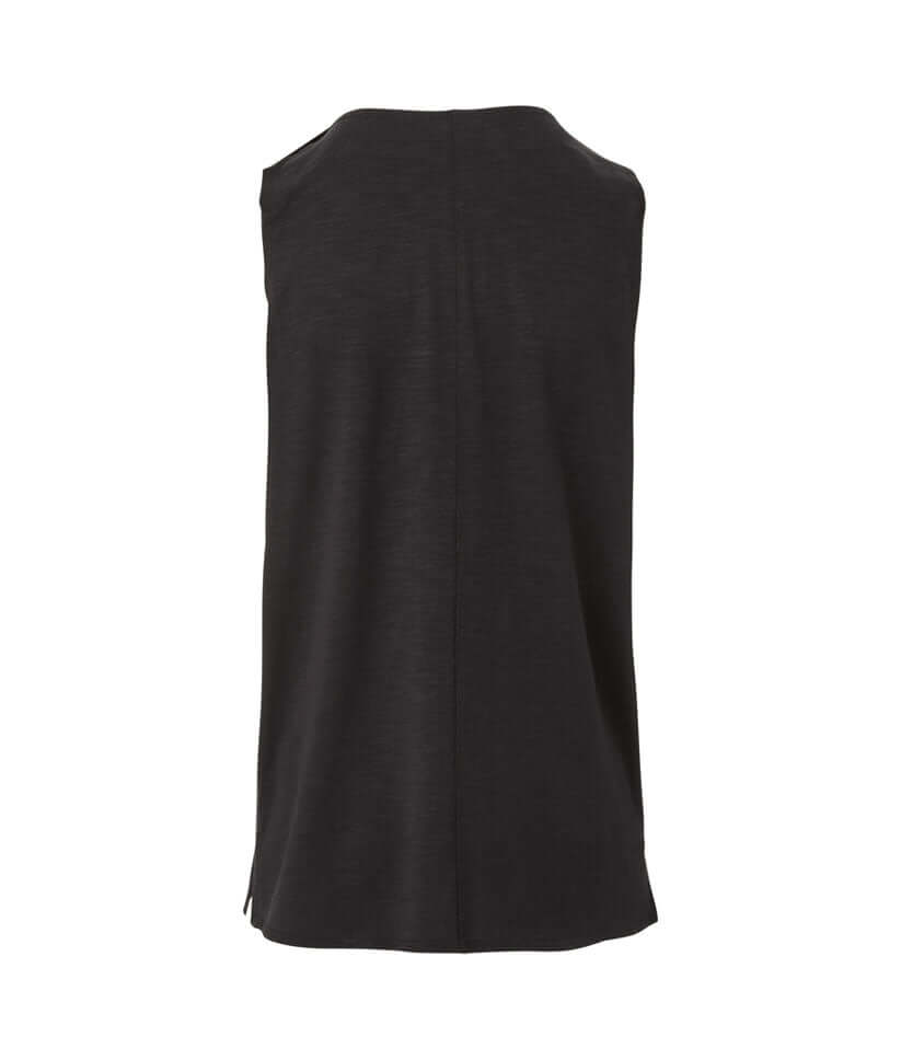 Back view of Women's Adaptive Curved Hem Magnetic Tank in black, showcasing soft performance slub knit jersey fabric.