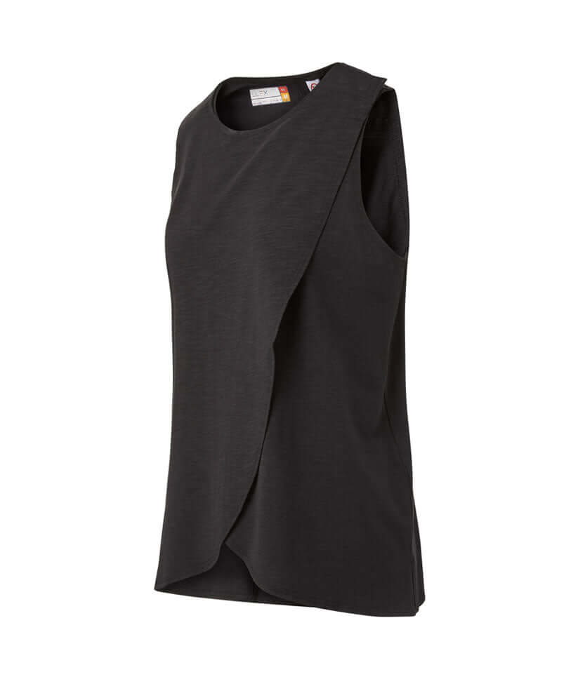 Women's Adaptive Curved Hem Magnetic Tank in black, featuring soft performance fabric and unique overlapping design.