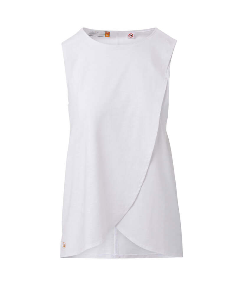 White Women's Adaptive Curved Hem Magnetic Tank featuring overlapping front panels and MagnaReady® closures.