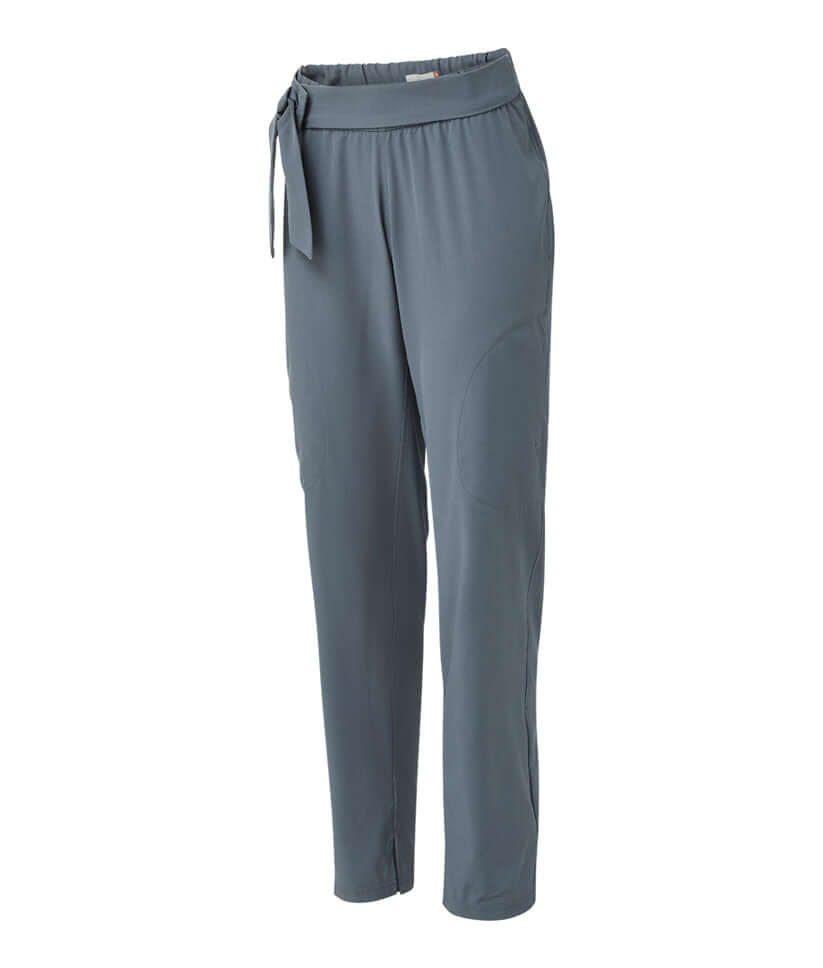 Women's adaptive gathered waist seated fit pants in gray with adjustable belt and elastic waistband.