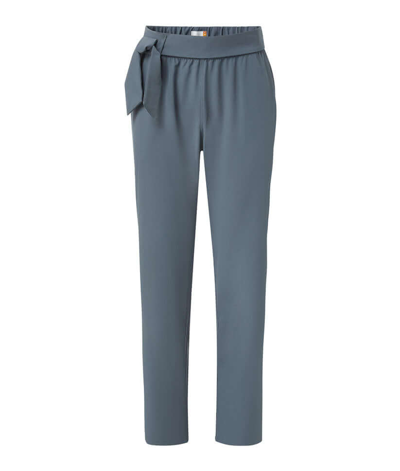 Women's adaptive gathered waist pants in gray with adjustable belt and length options.