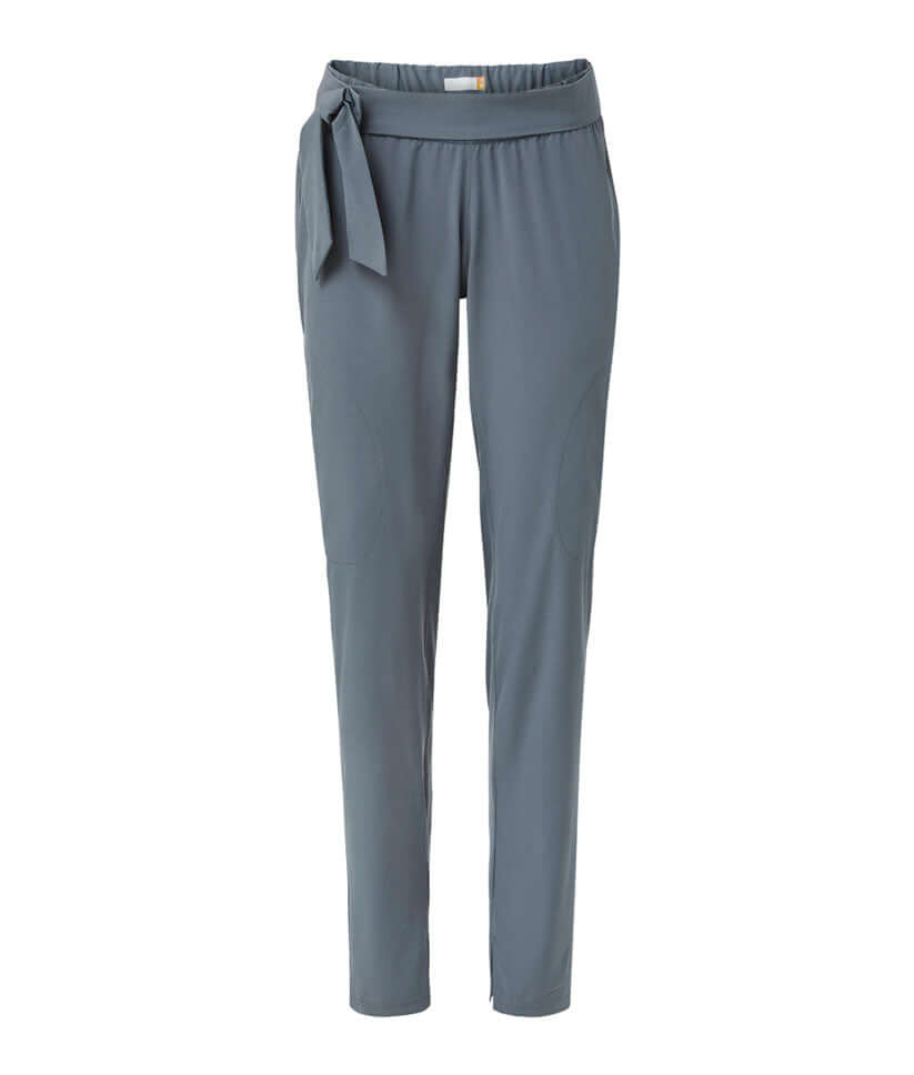 Women's adaptive gathered waist fit pants in slate gray with adjustable belt and elastic back waistband.